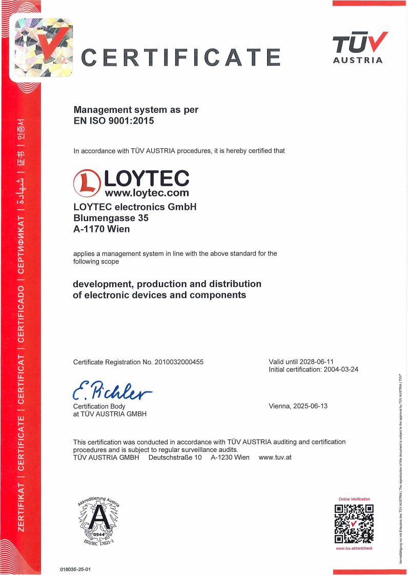 LOYTEC ISO9001 Certificate (until 2028)